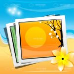 Travellers Photographs on a Sandy Beach Background with a Flower Icon